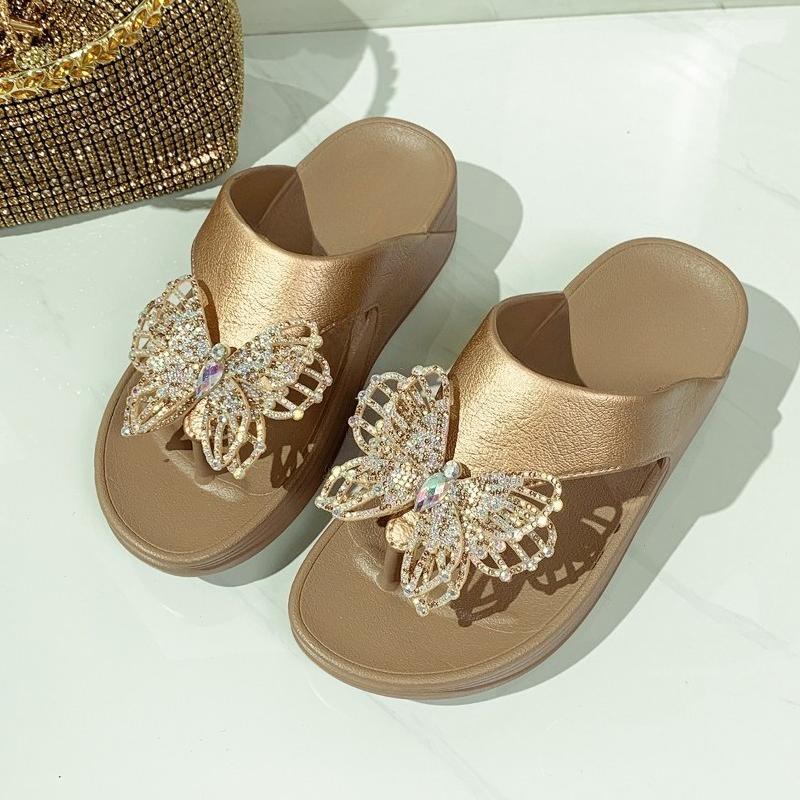 Fashion Temperament Bow Slippers for Women Summer New Round Toe Clip Toe Rhinestone Thick Bottom Wedge Heel Flip Flops