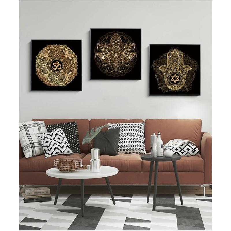 Gold and Black Mandala Lotus Art Canvas Painting on The Wall Posters Prints Religion Wall Art Pictures for Living Room Decor