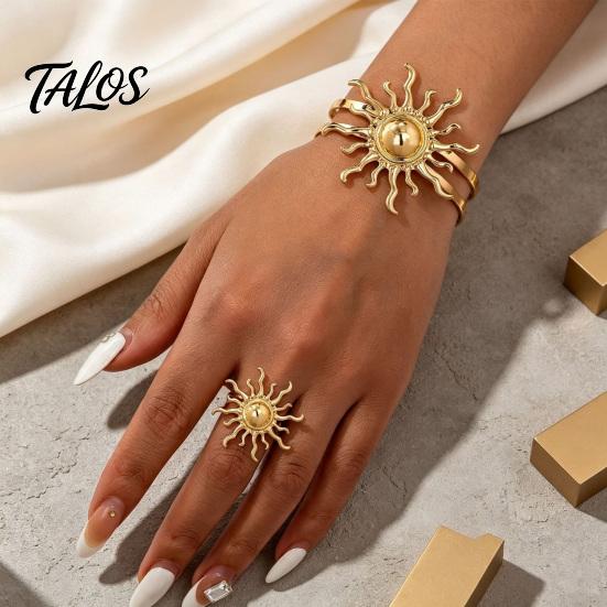 Retro Sun Jewelry 2Pcs Bangle Ring Set, Open Adjustable Cuff Bracelet Golden Tone & Ring, Plated Statement Hand for Women Set