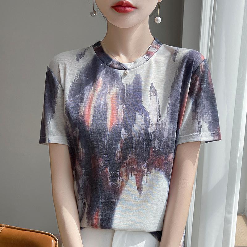 

Тонкая трикотажная футболка с короткими рукавами из шелка Mulberry на лето с женской свободной рубашкой с короткими рукавами из ледяного шелка с принтом L