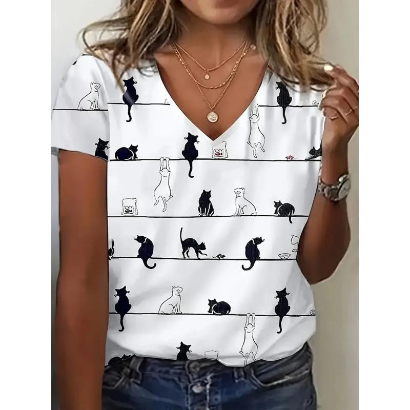 Cartoon T-shirt Women's Short Sleeve Summer Outdoor Casual V-Neck Short Sleeve Tops Oil Painting Puppy Print Plus Size Clothing