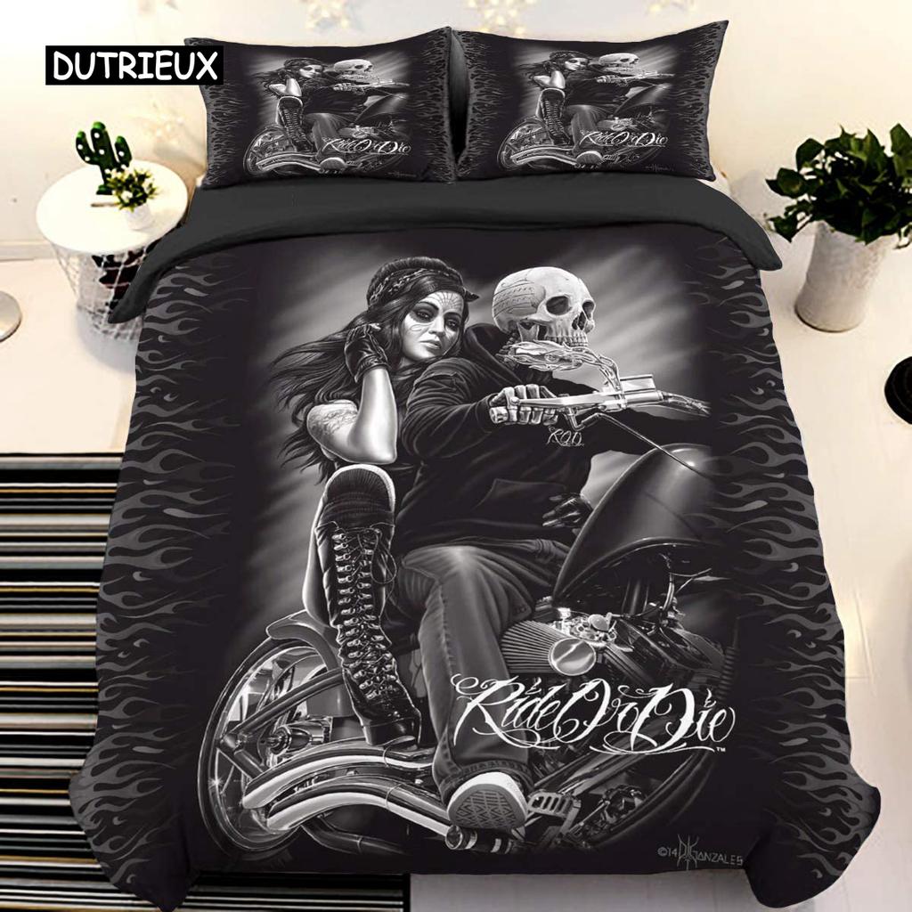 Skull Duvet Cover Set Queen 3 Pcs Black Halloween Bedding Soft Microfiber Comforter Cover Set Beauty Pattern Decor