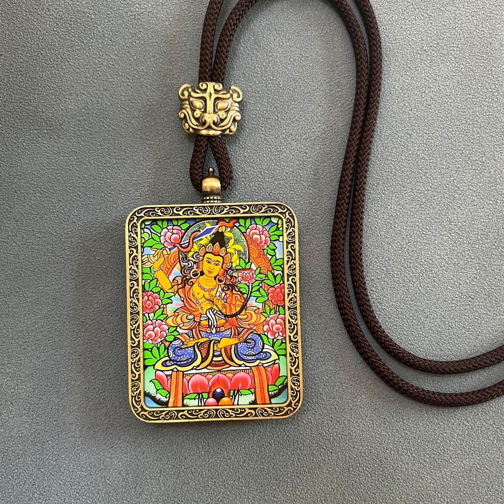 Thangka Pendant Necklace - Yellow & Black Guardian Buddha Amulet