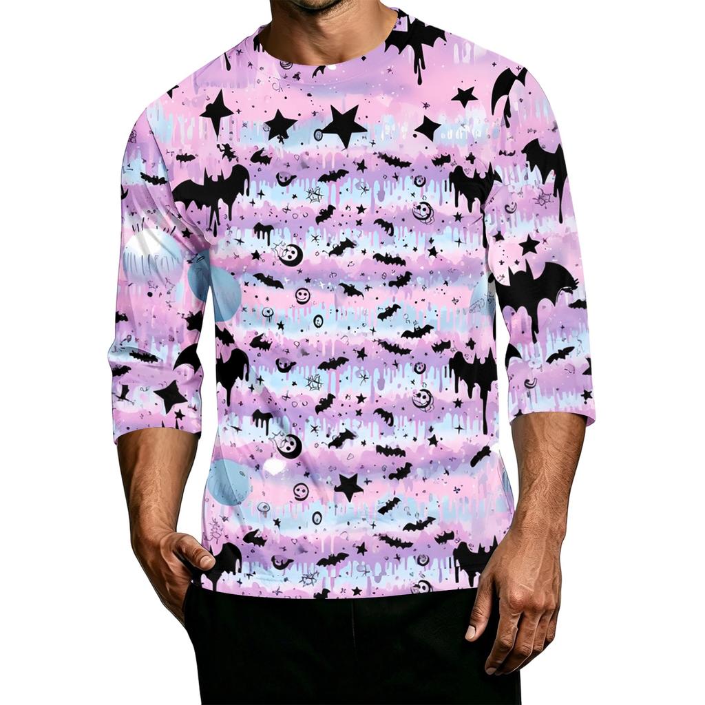 Men's Casual Halloween Print Crew Neck T Shirt Three Quarter Sleeve Top Comfortable Fit Lightweight Fabric Stylish Design
