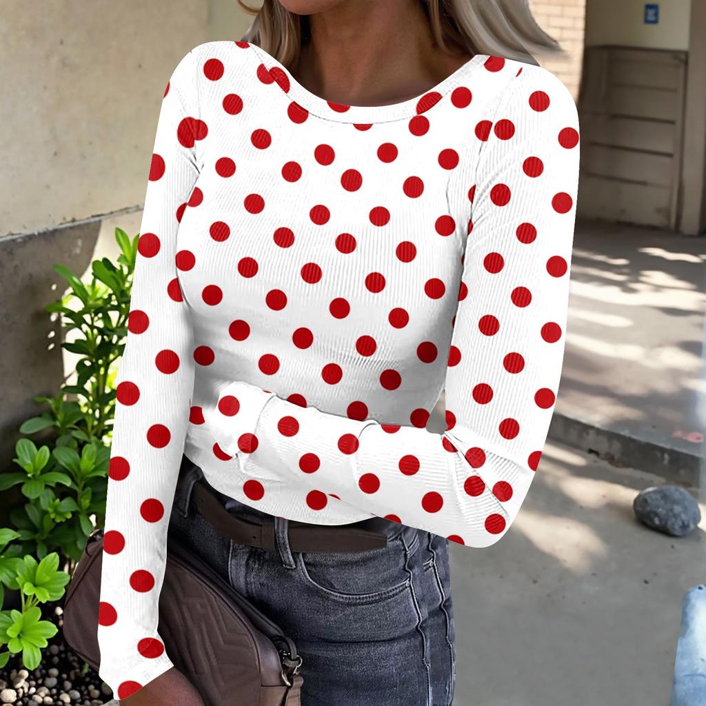 Women's Casual Polka Dot Long Sleeve Top, Round Neck Ribbed Blouse for Daily Wear