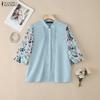 ZANZEA Women Floral Print Splice 3/4 Sleeve Loose Casual Blouse