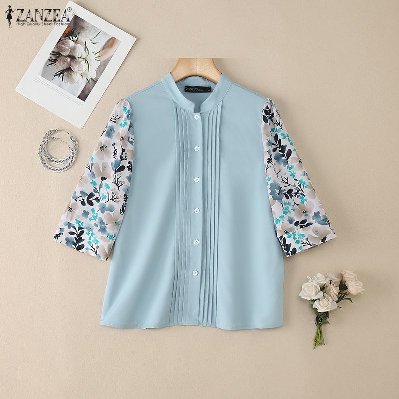 ZANZEA Women Floral Print Splice 3/4 Sleeve Loose Casual Blouse