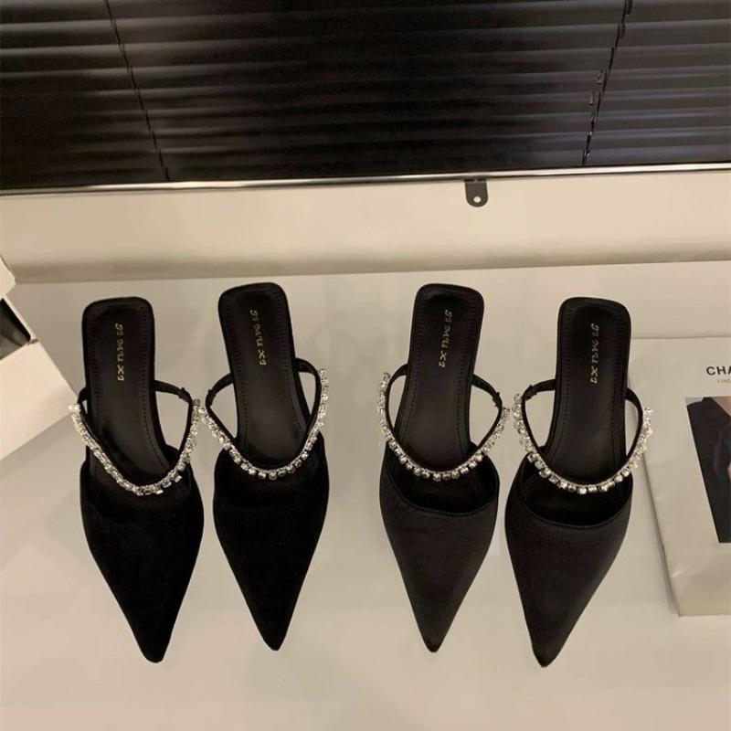 Fashion New Women's Black Rhinestones Heeled Mules Pump for Women Elegant Sparkly Sandals Slippers Women's Sexy High Heels Slingbacks