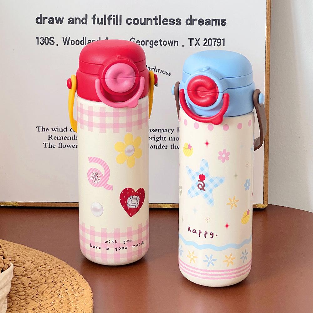 Cute and sweet girl thermos cup convenient cartoon straw cup office home student 316 stainless steel cup