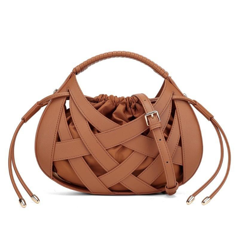 Woven Mini Tote Bag Women Structured Oval Crossbody With Drawstring PU Leather Retro Chic Everyday Shoulder