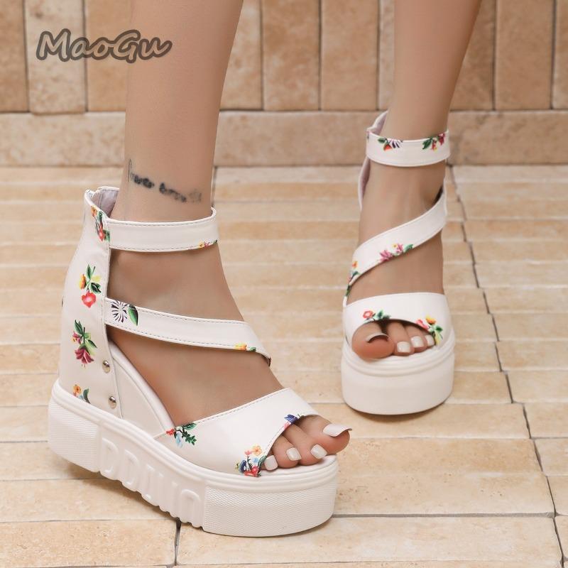 Fashion Floral Print Women Platform Sandals Black White PU Leather Women's Fish Mouth Back Zip Summer Footwear Sandalias De Mujer Size35