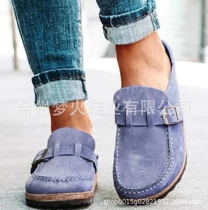 

Spring and summer round head low heel casual leather buckle women s half-drag sandals 35 фиолетовый