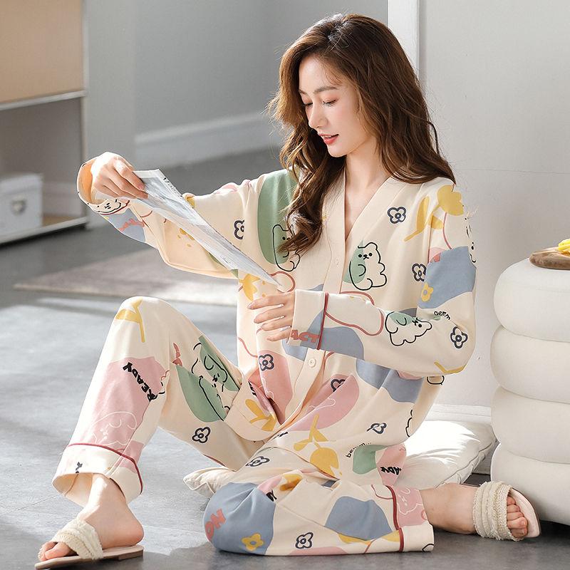 Pyjamas für Damen im Frühling und Herbst, Langarm-Set aus reiner Baumwolle, lockerer und süßer V-Ausschnitt, kann über dem Kimono und der Hauskleidung getragen werden