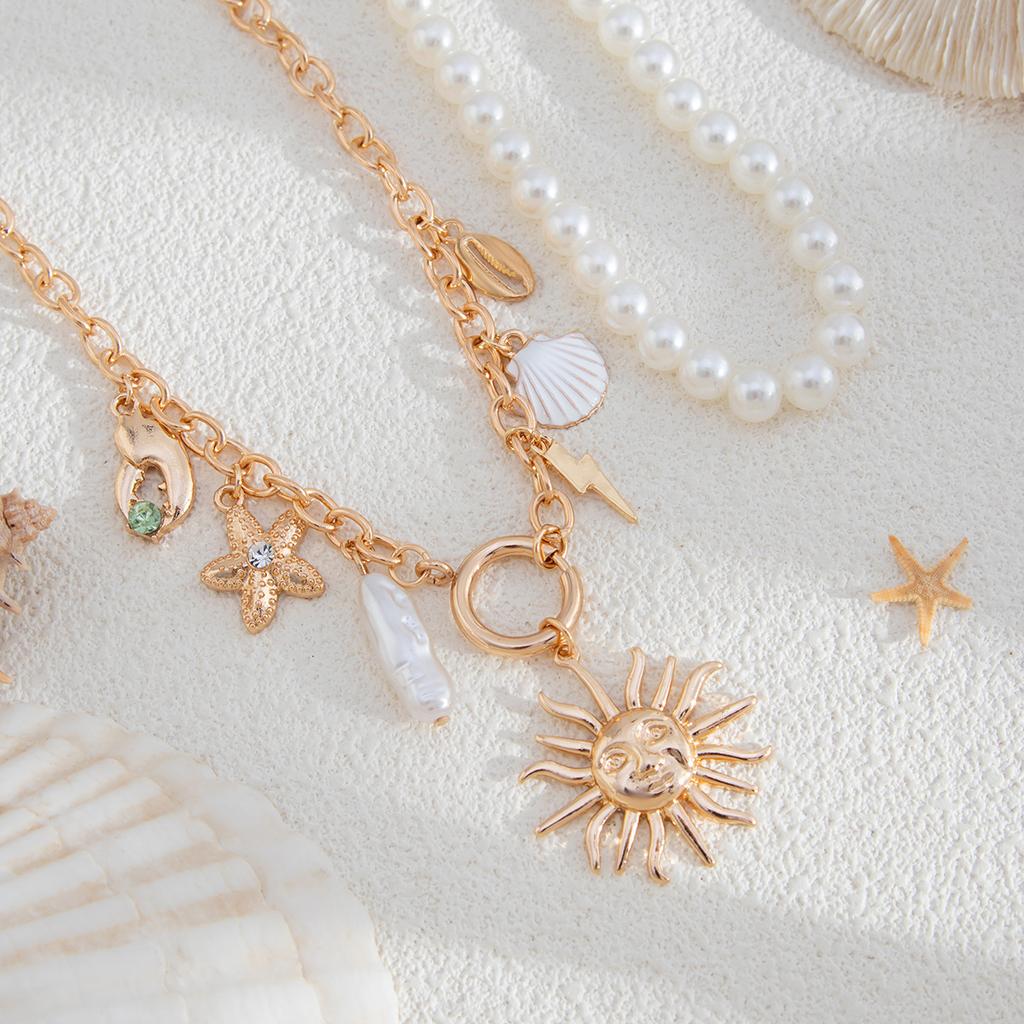 Bohemian Pearl Beaded Necklace Starfish Shell Pendant Necklace Holiday