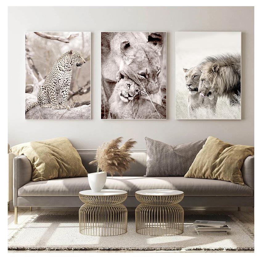 Malba Černá Bílá Plakáty a tisk Nordic Wall Art Obraz Moderní Obývací pokoj Dekorace Divoké zvíře Lev Leopard Plátno
