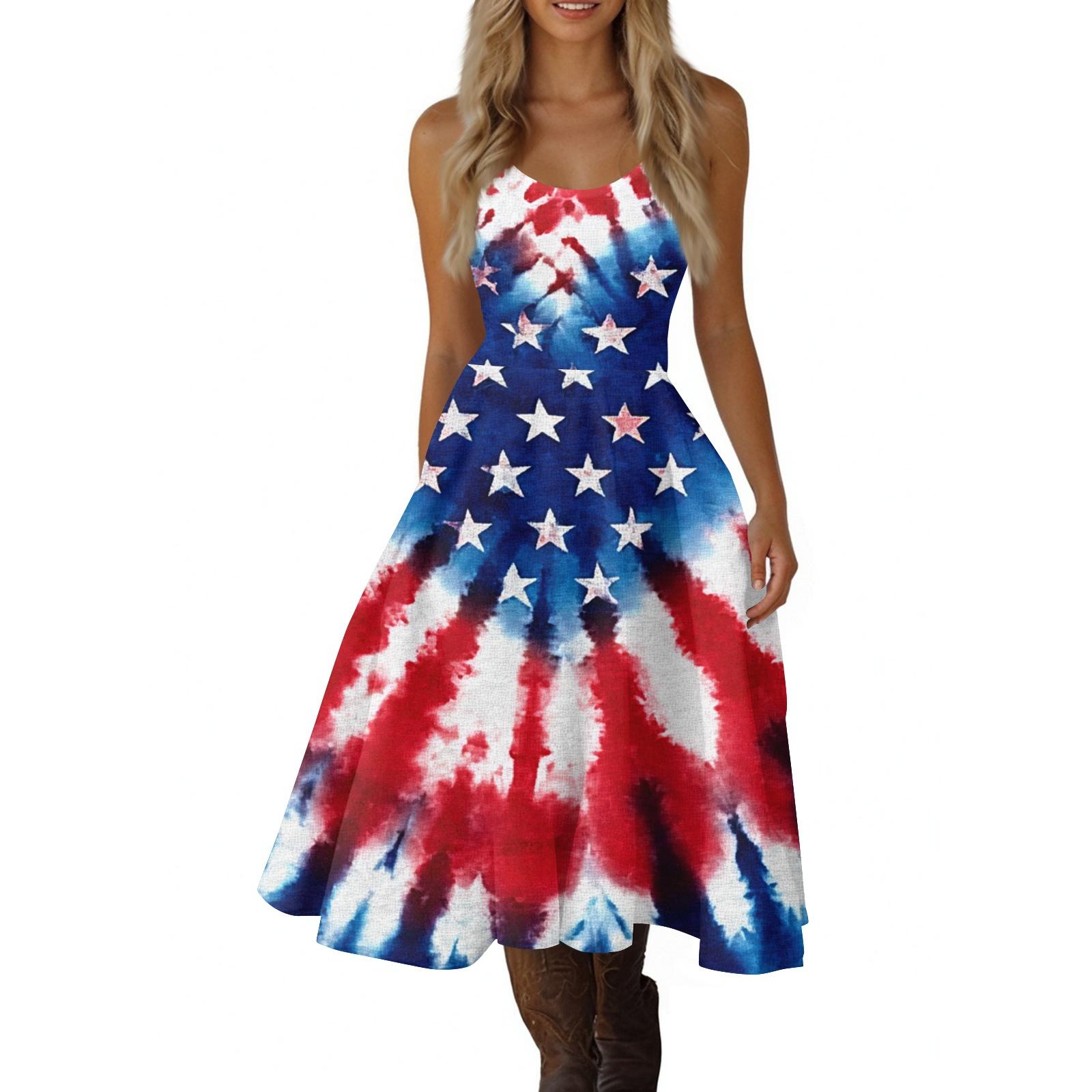 

Women s Casual Fashion Independence Day Print V-Neck Retro Sleeveless Dress L синий