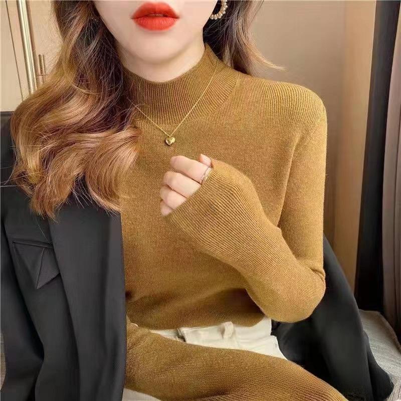 

Women s Autumn Winter Half-High Neck Solid Color Ribbed Long Sleeve Knit Base Layer - Warm Slim-Fit T-Shirt Style Top One Size