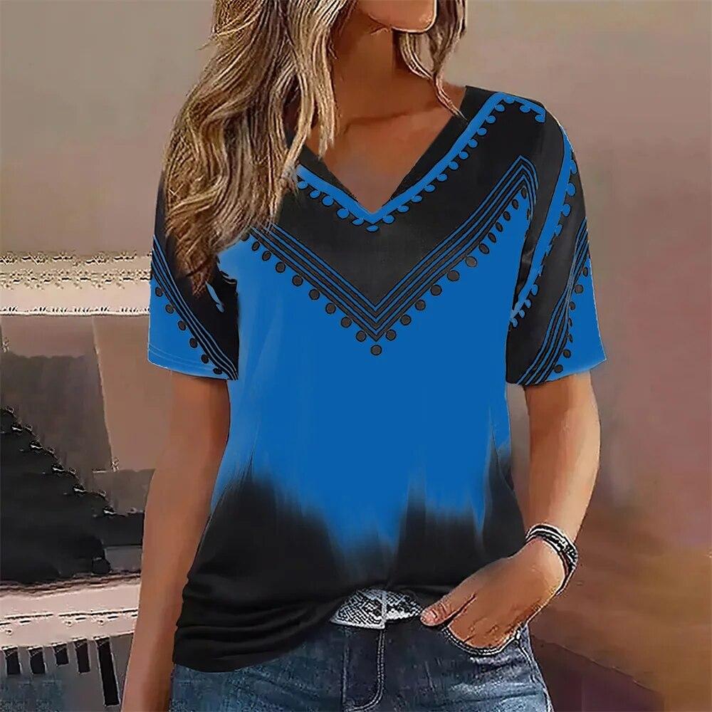 Gradient Pattern Women's T Shirt Summer V Neck Casual Short Sleeve Tees Female Oversized Harajuku Clothing Fashion Girls Blouse