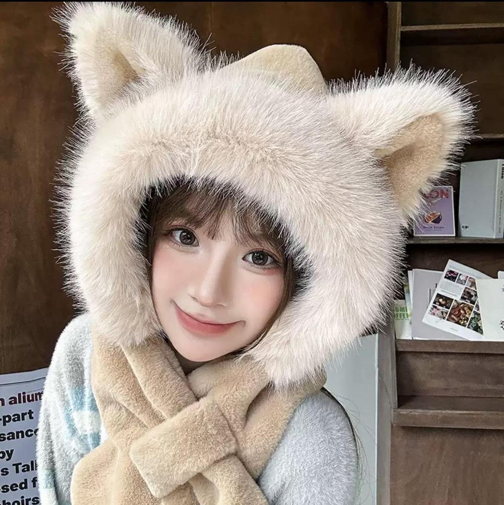 Women's Cute Fluffy Hat with Scarf and Ear Protection for Autumn/Winter