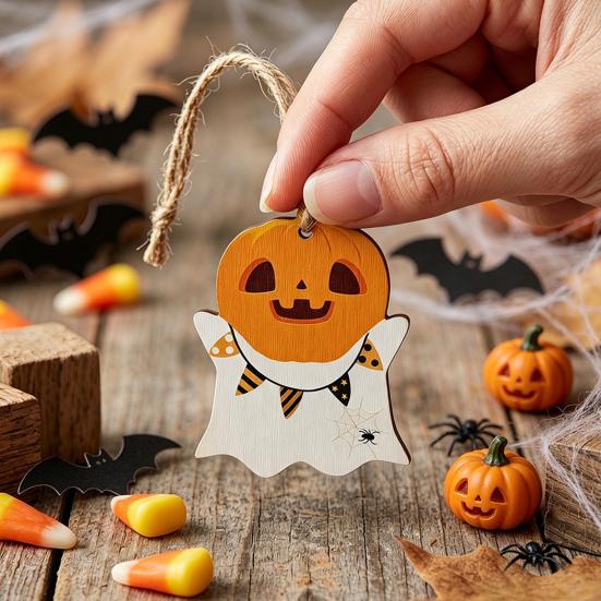 Halloween Wall Ornaments Ghost Wooden Hanging Sign with Hemp Rope, Cute Holiday Pendants for Home Party Decorations