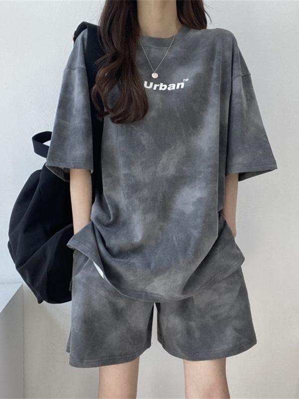 Women's Summer Tie-Dye Print Short Sleeve T-Shirt & Wide-Leg Shorts Set