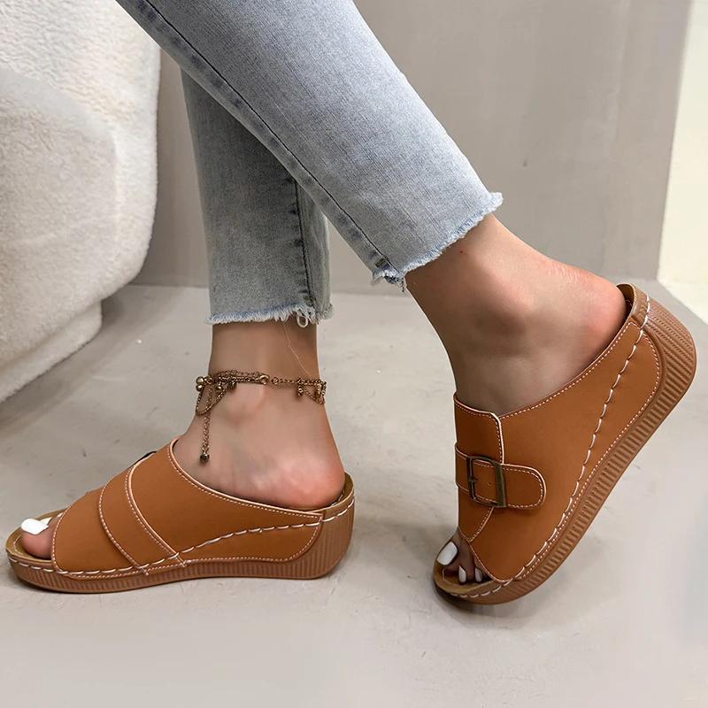 Fashion Metal Buckle Design Wedge Sandals for Women Rome Plus Size Open Toe Platform Sandal Woman Beach New Pu Leather Sandalias Mujer
