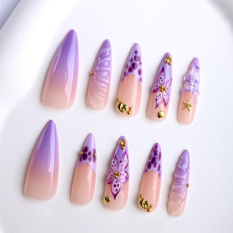 Long 3D Gel Nail Tips With Hand-Painted Purple Floral French Design Women
