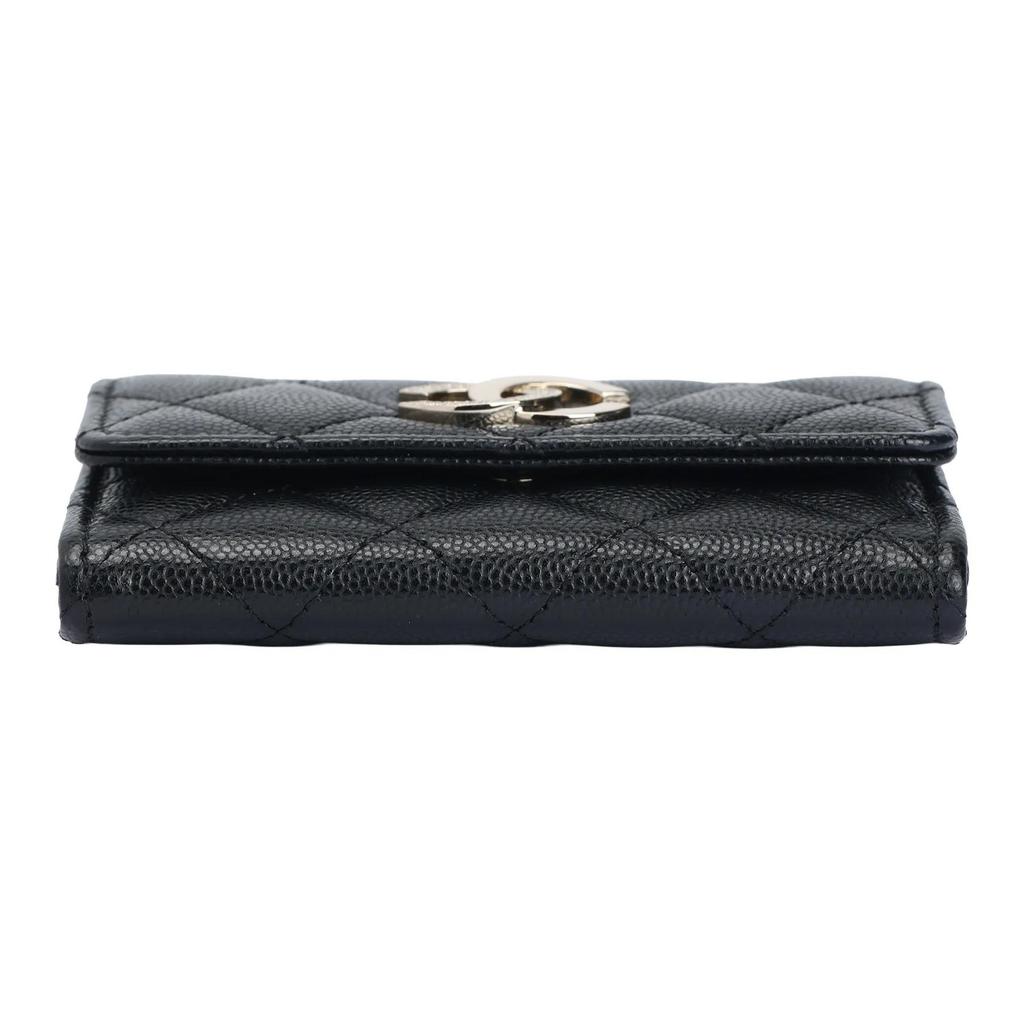 Chanel 24B Light Gold Buckle Diamonds Pattern Double C Logo Leather Wallet for Women Black