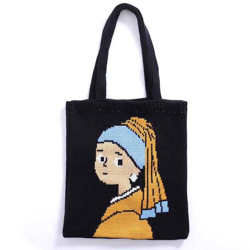 

Knitting Wool Fabric Women Shoulder Bag Girl with a Pearl Earring Design Woolen Yarn Handbag Warm Cloth Winter Tote For Ladies