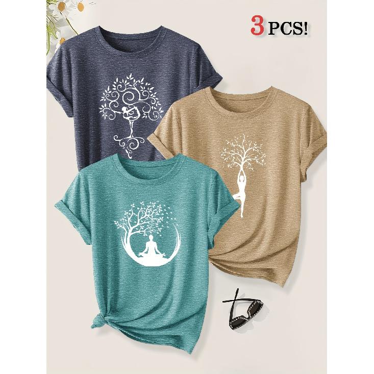 2026 3 Pack Harmony Between Man And Nature Yoga Print Women Short Sleeve T Shirts Casual Sports Holiday Tops Summer Autumn Tees