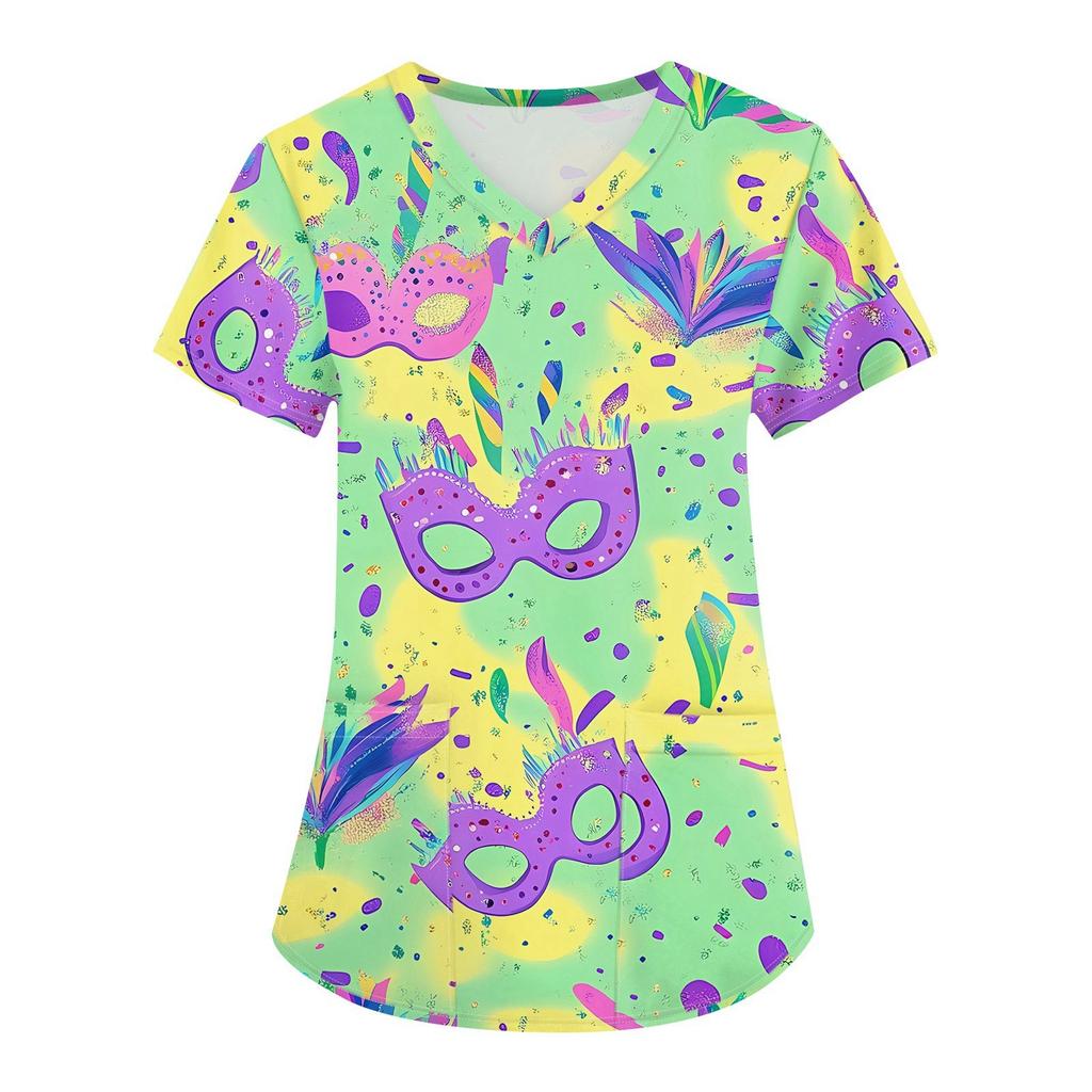 Women's Fashion V-neck Short Sleeve Workwear With Pockets Printed Tops