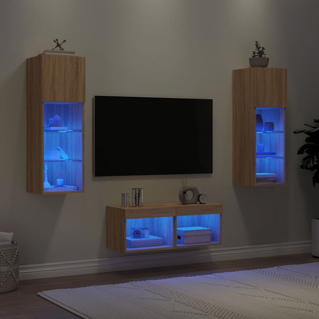 Vidaxl 4-Cz. Zestaw Mebli Tv Z Oświetleniem Led, Dąb Sonoma