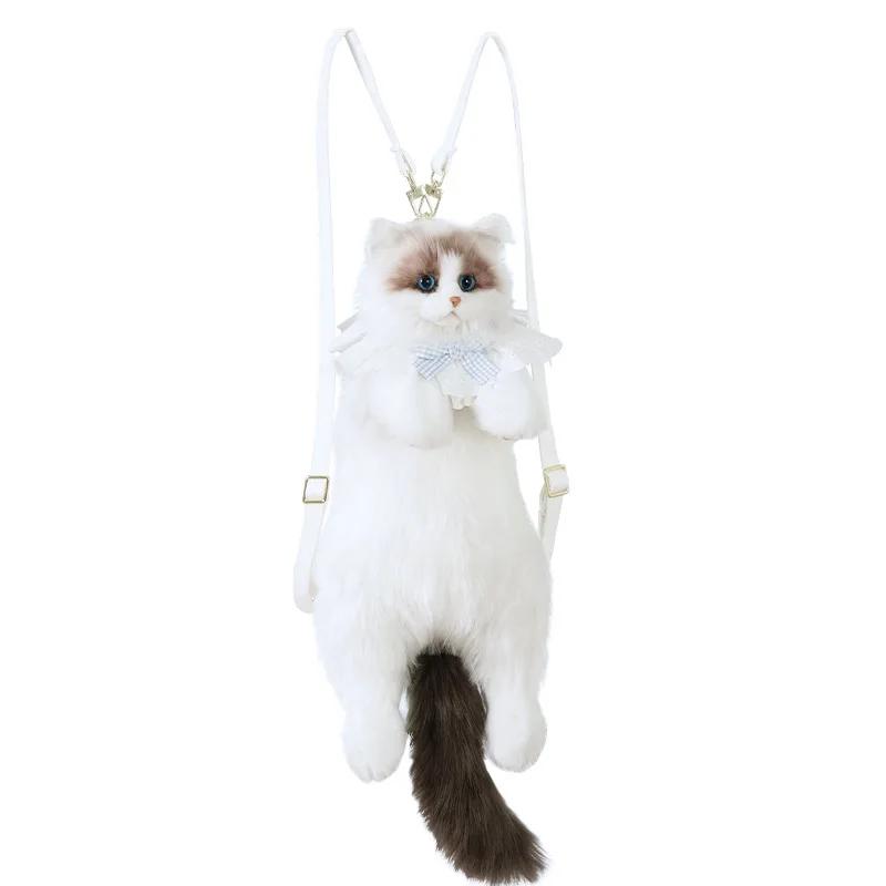 White Super Cute Trendy And Fashionable Cat bags plush Cat Backpack Pure Handmade Simulation Cat Shopping Bag Birthday Gifts Bag