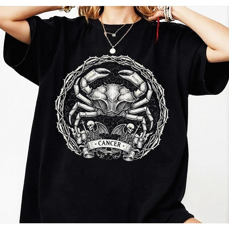

Cancer Zodiac Shirt Gothic Astrology Graphic Tee Summer Loose and Breathable Tshirt Top Unisex Pure Cotton Top S