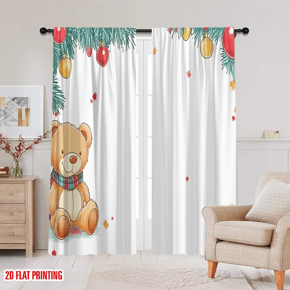 2pcs,2D plane printing Creative Curtains Christmas bear festive card (2) Versatile Polyester Fabric (without rod) Home Decor