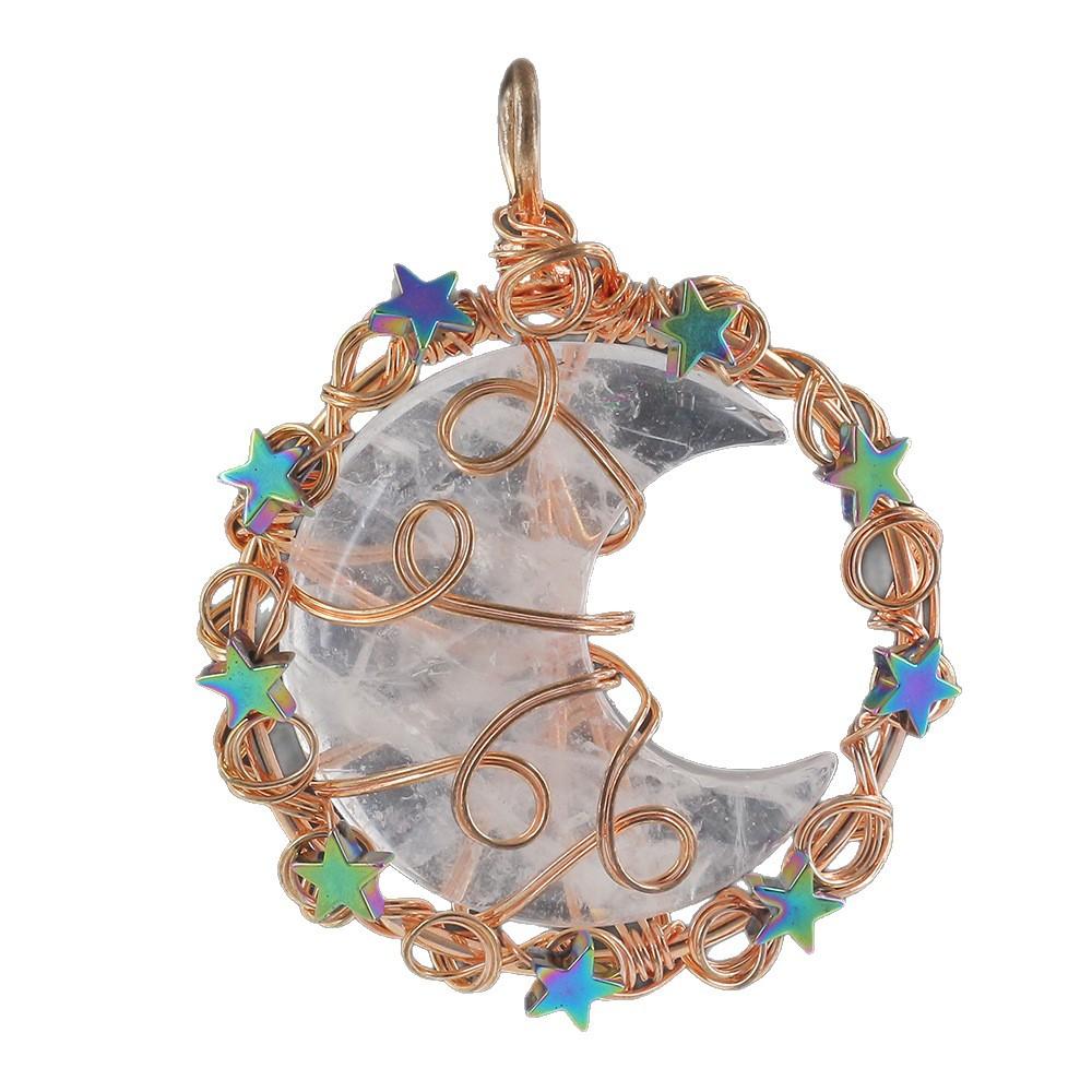 

Natural crystal moon pendant, handmade copper wire wrapped gemstone jewelry H