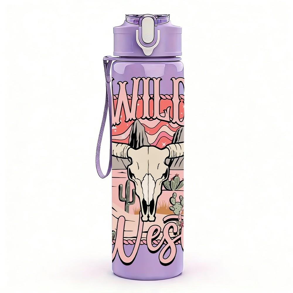 1PC Bull Head Cowboy Badge Vintage Pattern 750ml Color Plastic Sports Water Bottle Leakproof Flip Straw Lid Suitable for Sports Office Home Use