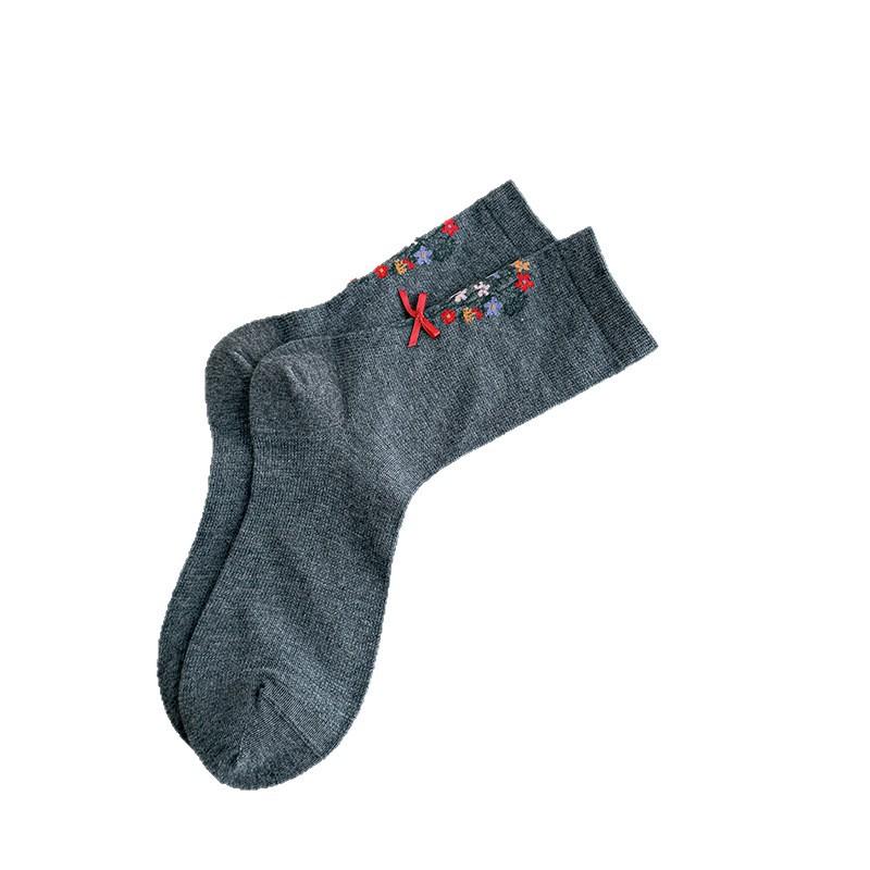 Sock - Spring/Summer Lightweight Printed Flowery Padded Stockings with Butterfly Knots - Mid-Calf Cotton Stockings for Country Style Long Trousers