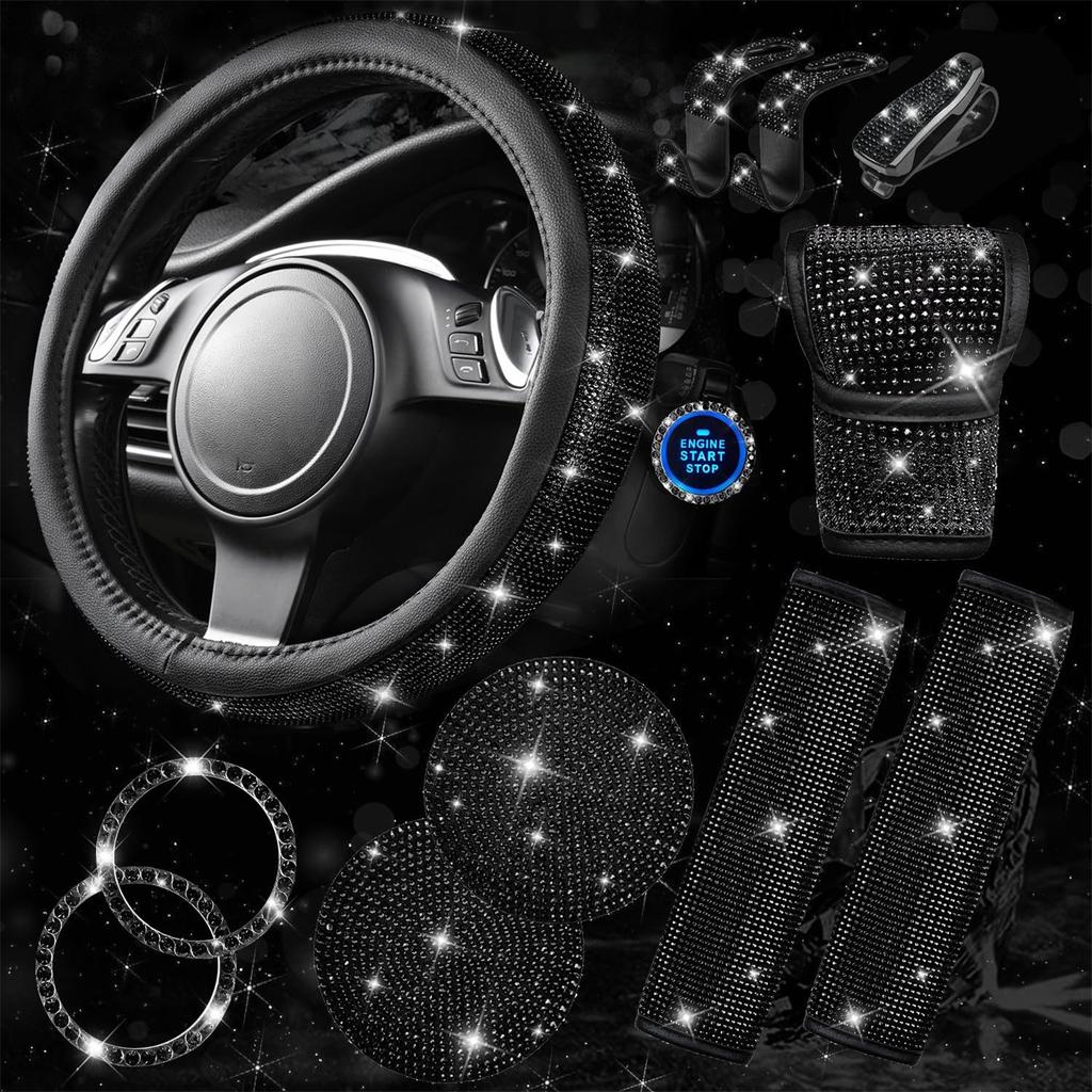 11 PCS Bling Accessories, Sparkly Rhinestone Diamond Steering Wheel Cover, Bling Seat Belt Cushion, Glitter Knob Cover, Car Cup Holder