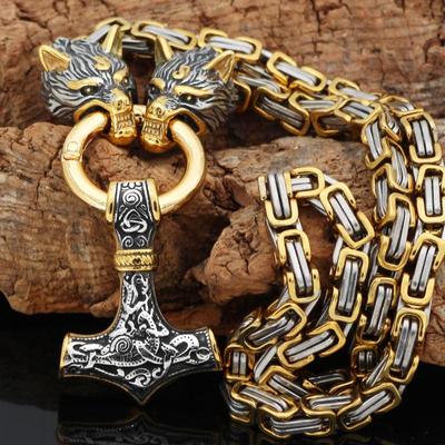 Joyería vikinga collar de acero inoxidable para hombres dominantes accesorios de cabeza de Lobo collar de martillo de trueno
