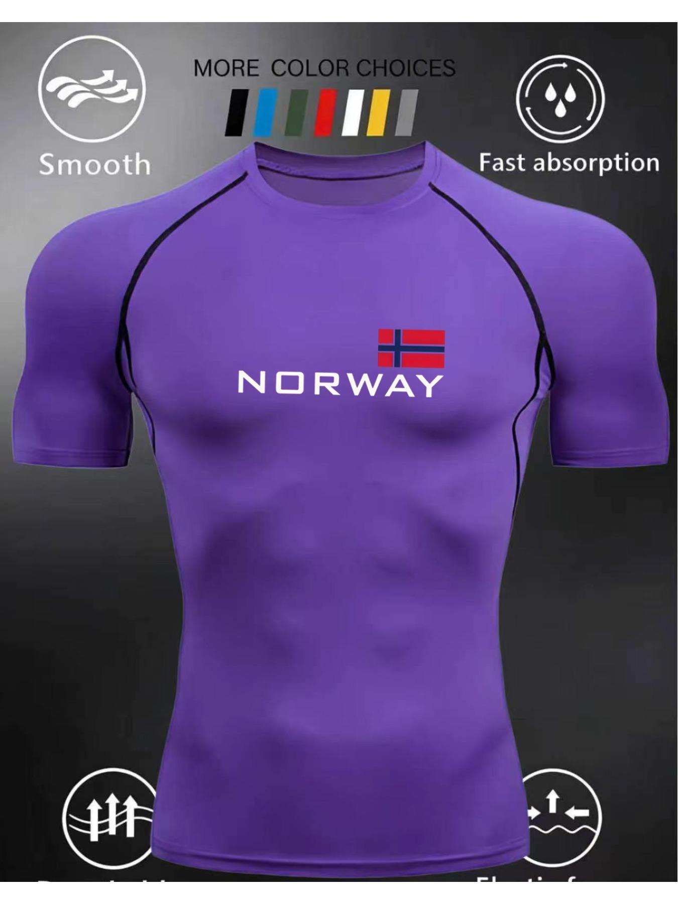 Men s White Norway Compression T-Shirt Norwegian Flag &  NORWAY  Text Print Quick Dry Gym Workout Top S