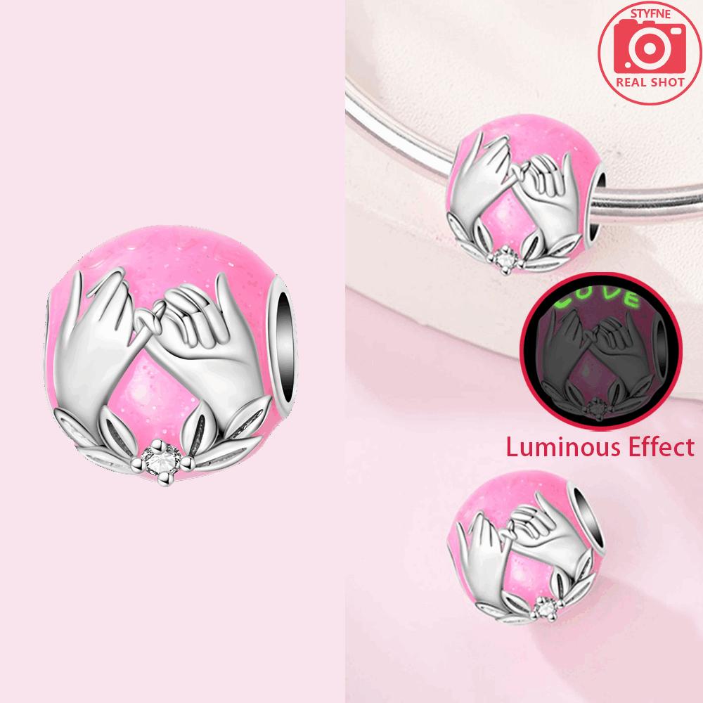 

Charm 925 Silver Hand in Hand Luminous Pink Round Beads Fit Bracelet Jewelry Making Fine Gift Diy Accessory