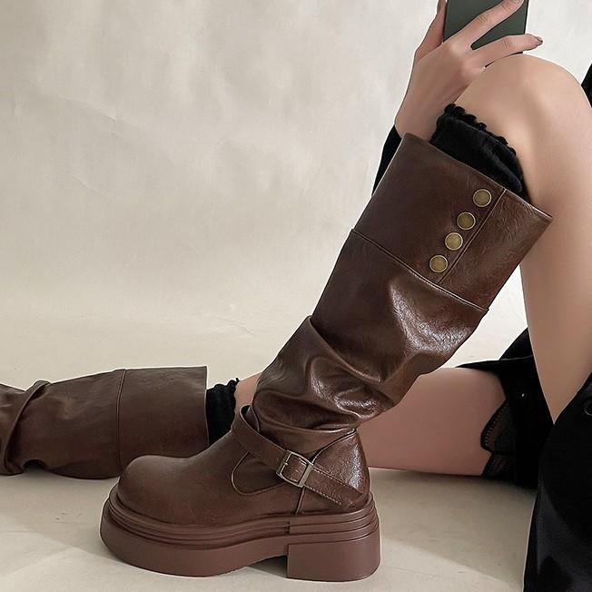 Sense of Design Western Cowboy Wasteland Wind Long High Boots Children's Thick-soled Leather Boots Pile Boots Two Wear Thick-heeled Knight Boots