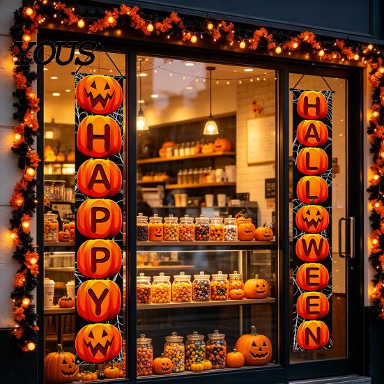 Halloween Festive Decor Porch Sign Banner, Pumpkin Ghost Party Awning Hanging Wall Atmosphere Decoration Door Decoration, Front Wreath Banner