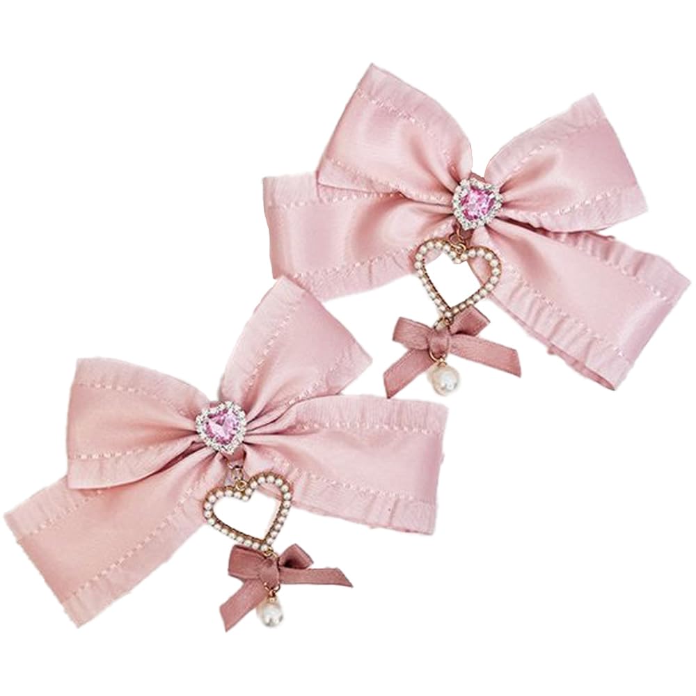 Set of 2 Pink Beaded Heart Charm Ribbon Clips, Lolita, Gothic Lolita, Hair Clips, Hairpins, Hair Accessories [Used]