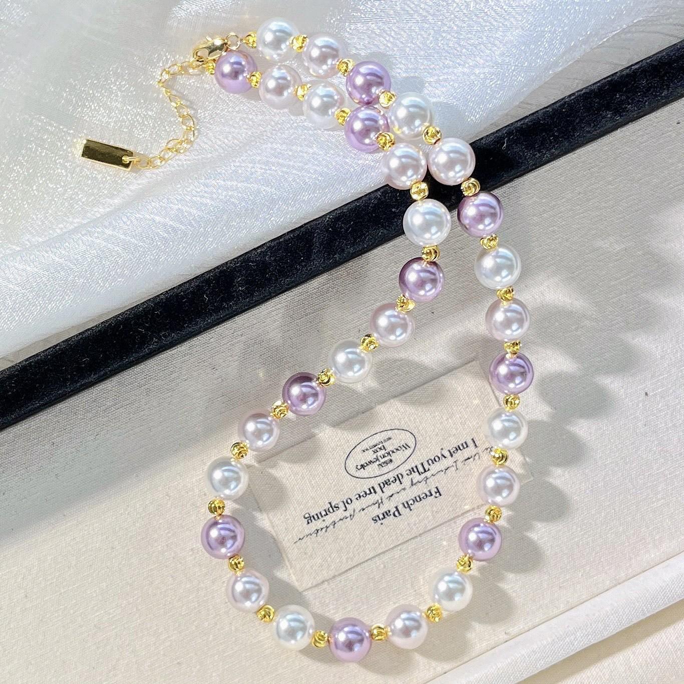 Haute Couture Design Mixed Color Purple And White Artificial Crystal Pearl Necklace Collarbone Chain