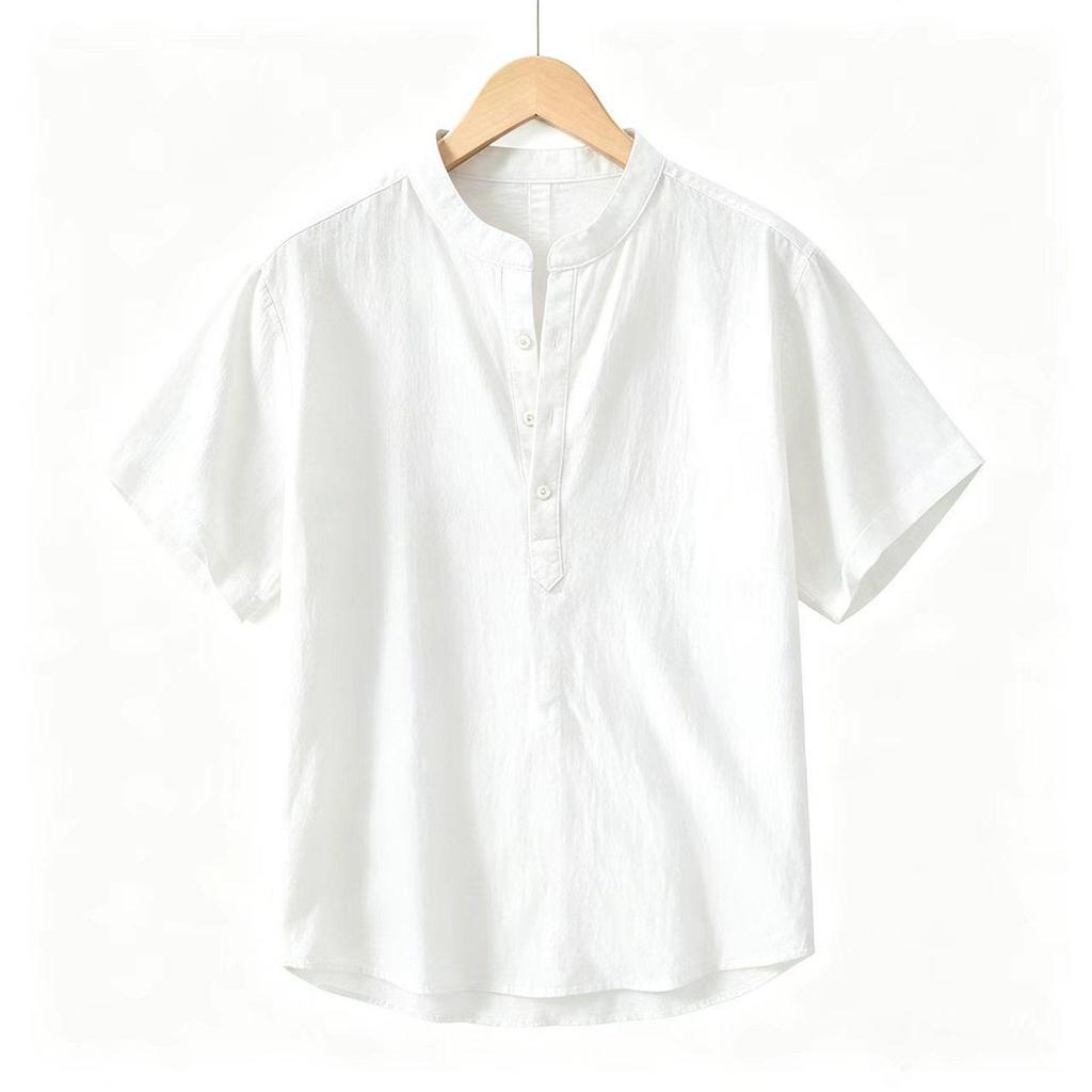 2026 Men's Summer Stand Collar Cotton Linen Short Sleeve Casual Shirt - Breathable, Loose Fit