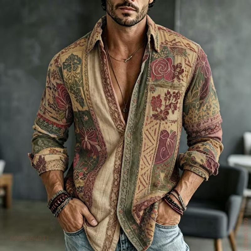 Men's Long Sleeved Shirt with Floral Totem Full Print Top, Versatile for Daily Use, Fashionable and Comfortable Casual Shirt