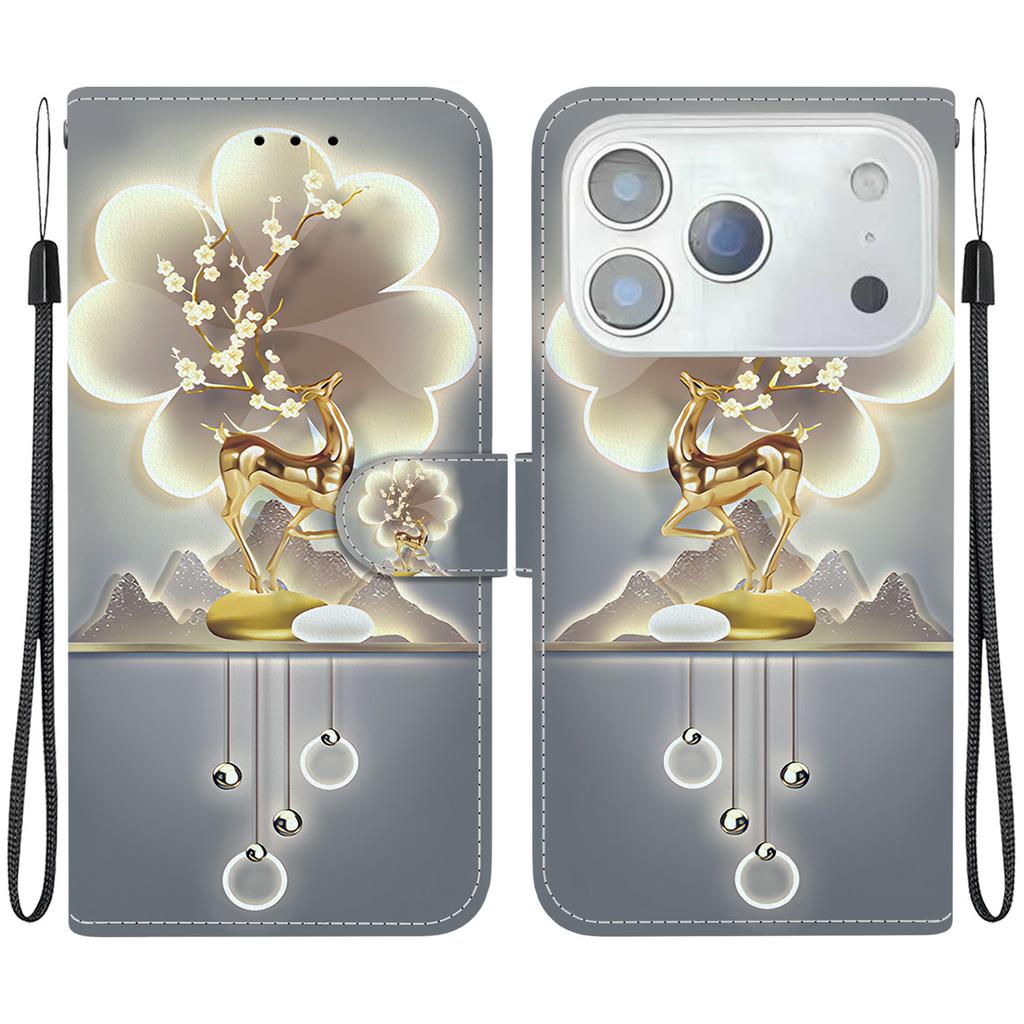 Pro iPhone 17 Pro Pouzdro Vzorový Tisk Odolné proti Pádu Kožené Vyklápěcí Peněženkové Pouzdro na Telefon se Šňůrkou