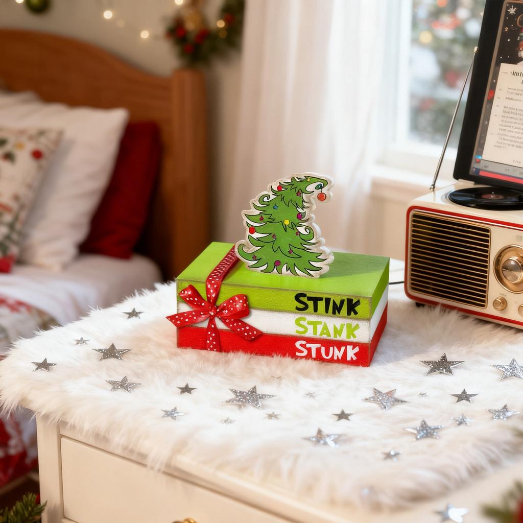 Christmas Decorations Lime Green Red Xmas Tree Tiered Tray Decor Decorative Wooden Stacked Books With Bow Ornament For Christmas Fireplace Mantel